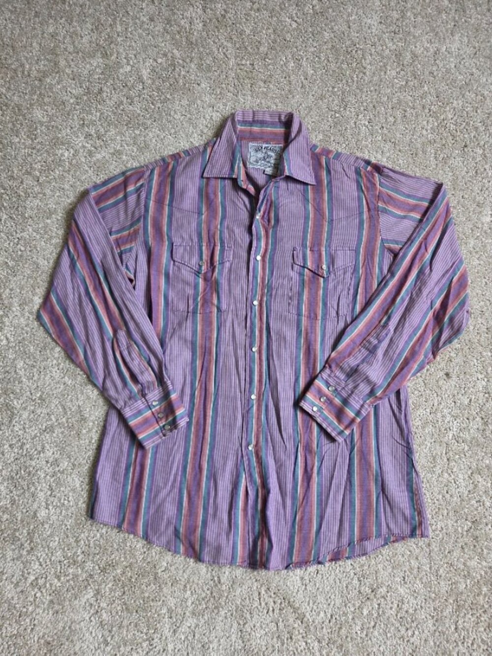 VTG 90's Ely Plains Button Up Cowboy Rodeo Purple Striped XL